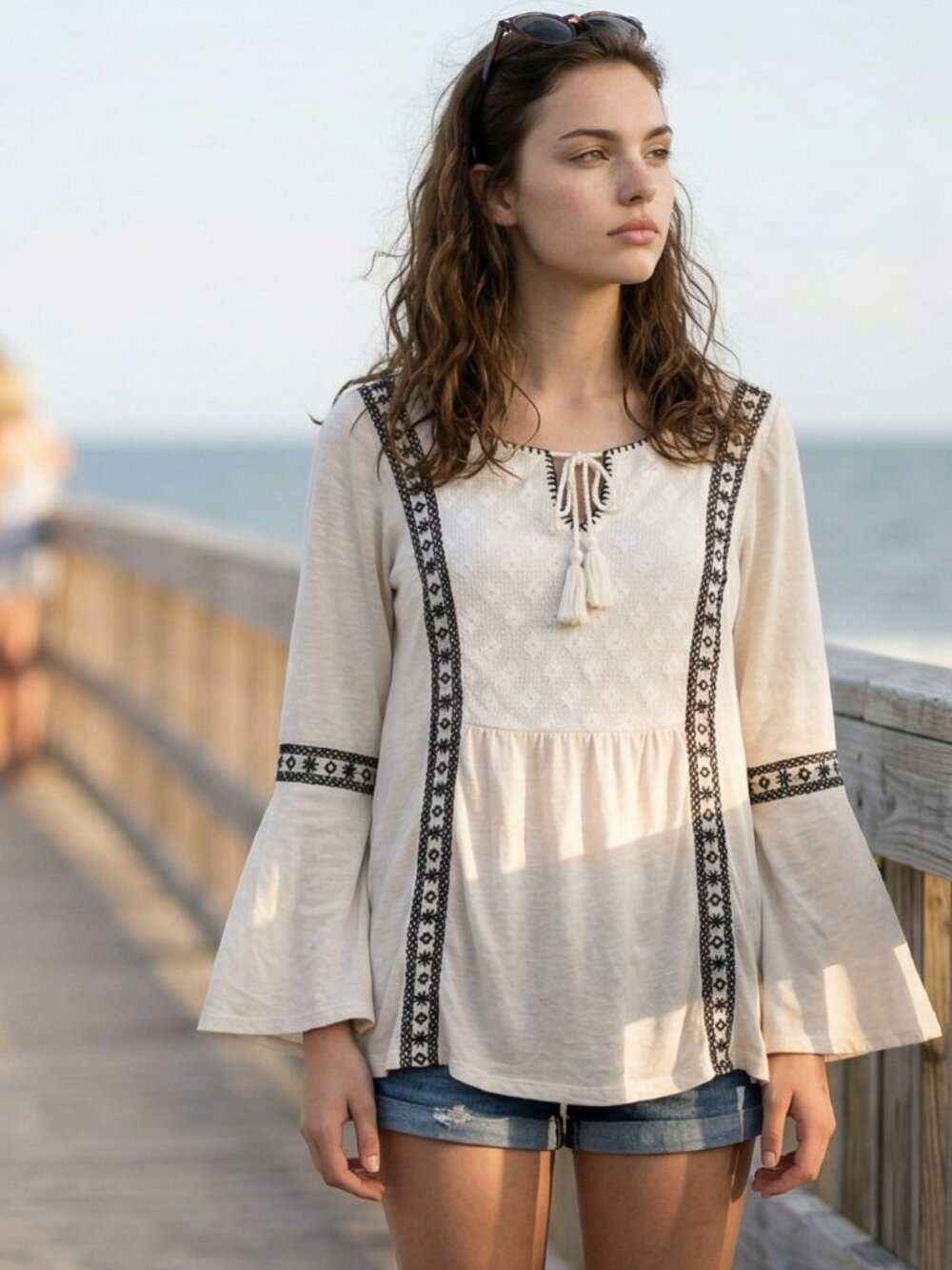 Style & Co. Embroidered Peasant Tassel Tie Blouse